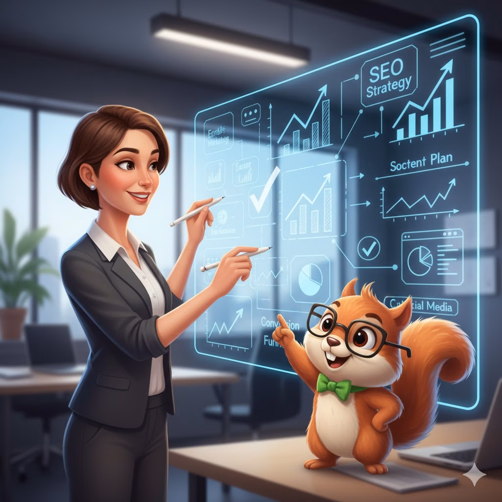 Professional woman and animated squirrel collaborating on digital marketing strategy, interacting with graphs and charts on a transparent screen, emphasizing SEO and social media concepts.