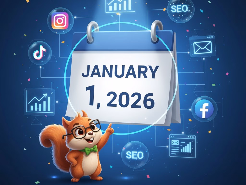 Cartoon squirrel with glasses beside a calendar marked "January 1, 2026," surrounded by icons representing social media platforms, SEO, and digital marketing strategies.