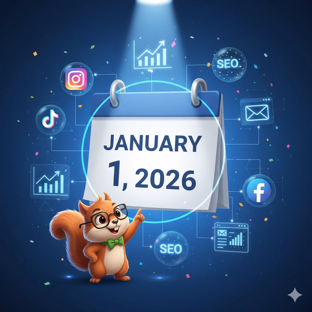 Cartoon squirrel with glasses pointing at a calendar marked January 1, 2026, surrounded by icons representing social media, SEO, and digital marketing strategies.